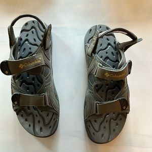 Columbia brand men’s sandals. Gray and navy blue with the gold “Columbia” accent